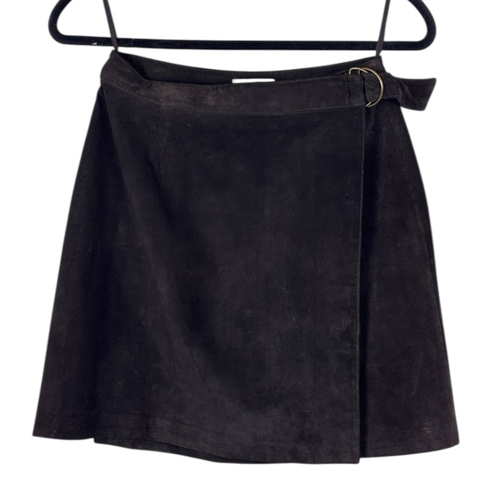 VINTAGE 90s ANN TAYLOR SUEDE LEATHER CHOCOLATE BROWN WRAP MINI SKIRT - Picture 3 of 10